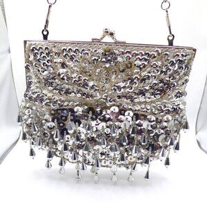 Vintage Silver-Tone Beaded Evening Bag w/ Sequins & Clear Drop Embellishments